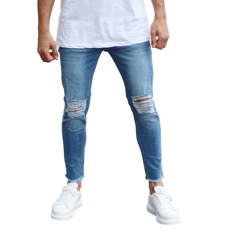 Casual 100% Cotton Men Skinny Jeans with Heavy Rips in Blue Man New Style High Quality Wholesale Offer Trend 2022
