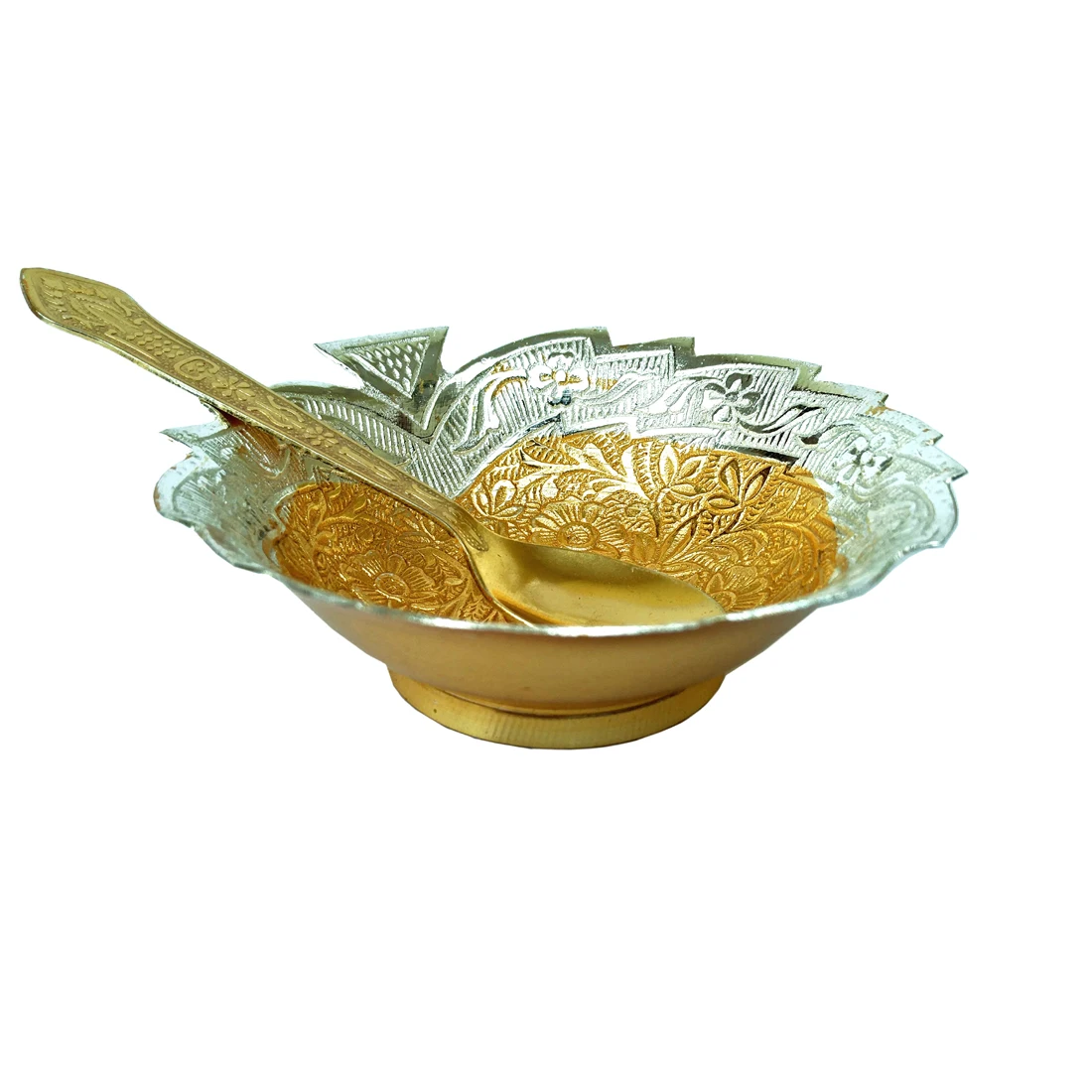 Luxury Kitchen Desert Serving And Fruits Server Golden Bowl Spoon Handcrafted Metal Indian with Spoon & Tray Wedding Box