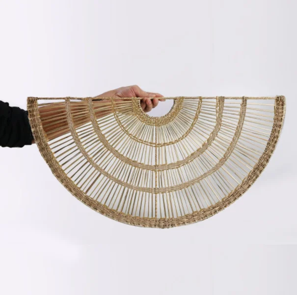 Set of 3 Natural Seagrass Woven Fan Wall Decor with Metal Frame from Vietnam Supplier