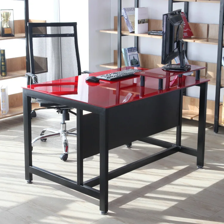 Modern Home Office Computer Sturdy Table Laptop PC Reception Gaming Desk Red Tempered Glass Top Black MDF Furniture escritorio