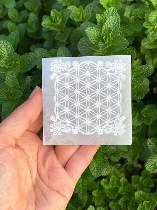 Whole Sale Selenite square carved Charging plate selenite Flower of Life Engraved Plate  Rock Crystal Selenite Slice For Healing