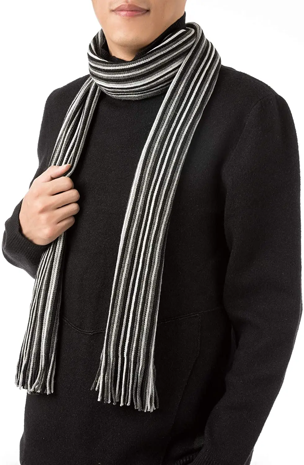 Sustainable Cashmere Scarves Shawl Muffler 1ply Herringbone Pattern Grey White Sustainable Mens Fine Merino Cashmere Scarf