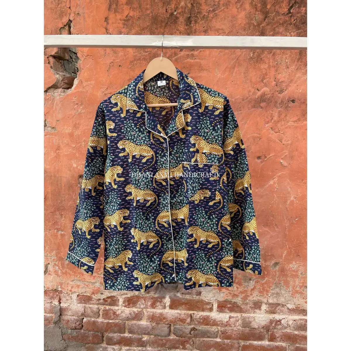 Navy Tiger Print Wholesale Sleepwear Indian Night Wear Night Suit 100% Cotton Pyjama Set Cotton Shirt Trouser