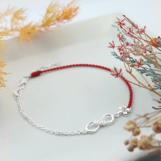 Hot Sale Red Line Women Friendship Infinite Eight and Flower Handmade Woven Lucky Redline Silver Bracelet