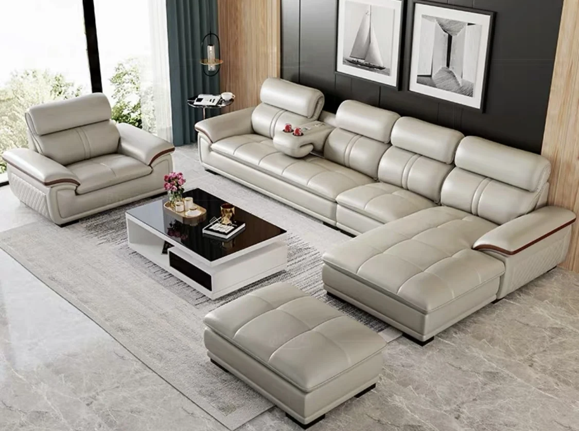 For Custom Prefab Houses factory price genuine leather sofa set, leather sofa set living room furniture with tool sets