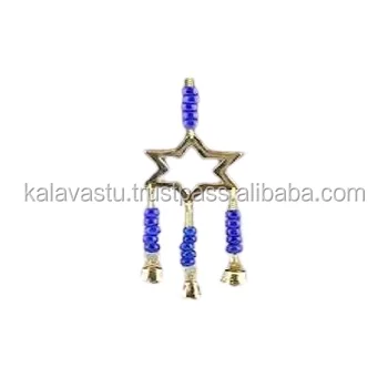 Hanging Brass Wind Chime Pentacle with Bell and Blue Beads For Home Decor Handmade  wind Chime