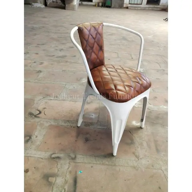 Винтажный кожаный стул в стиле Джодхпур, старинный маленький кожаный железный стул для ресторана, бистро, кафе, кожаный Железный обеденный стул