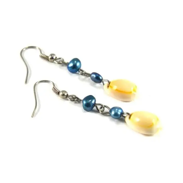 Earring with Freshwater Pearls and Cowry Shells on Silver Color Ear Hook