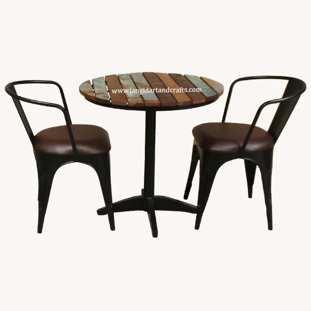 Popular Cheap Retro Industrial Fast Food Furniture Booth Seating Cafe Restaurant Iron Wooden Table and 2 Pu Leather Chairs Set
