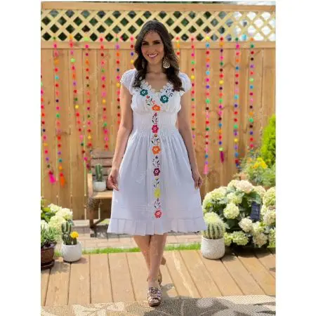 Hot selling Ethnic Vintage Peasant Embroidery Mexican Dress 100% cotton Wholesale factory price blue wide v-neck tunic dres