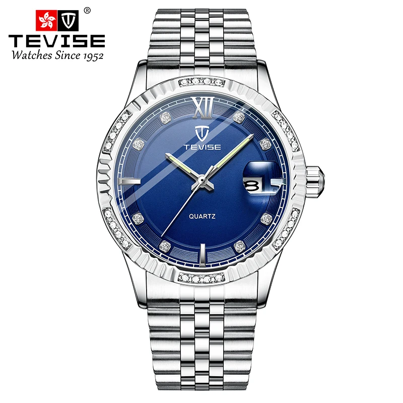 Роскошный мужской светящийся указатель TEVISE 629S с одним календарем ремешок из нержавеющей стали кварцевые часы