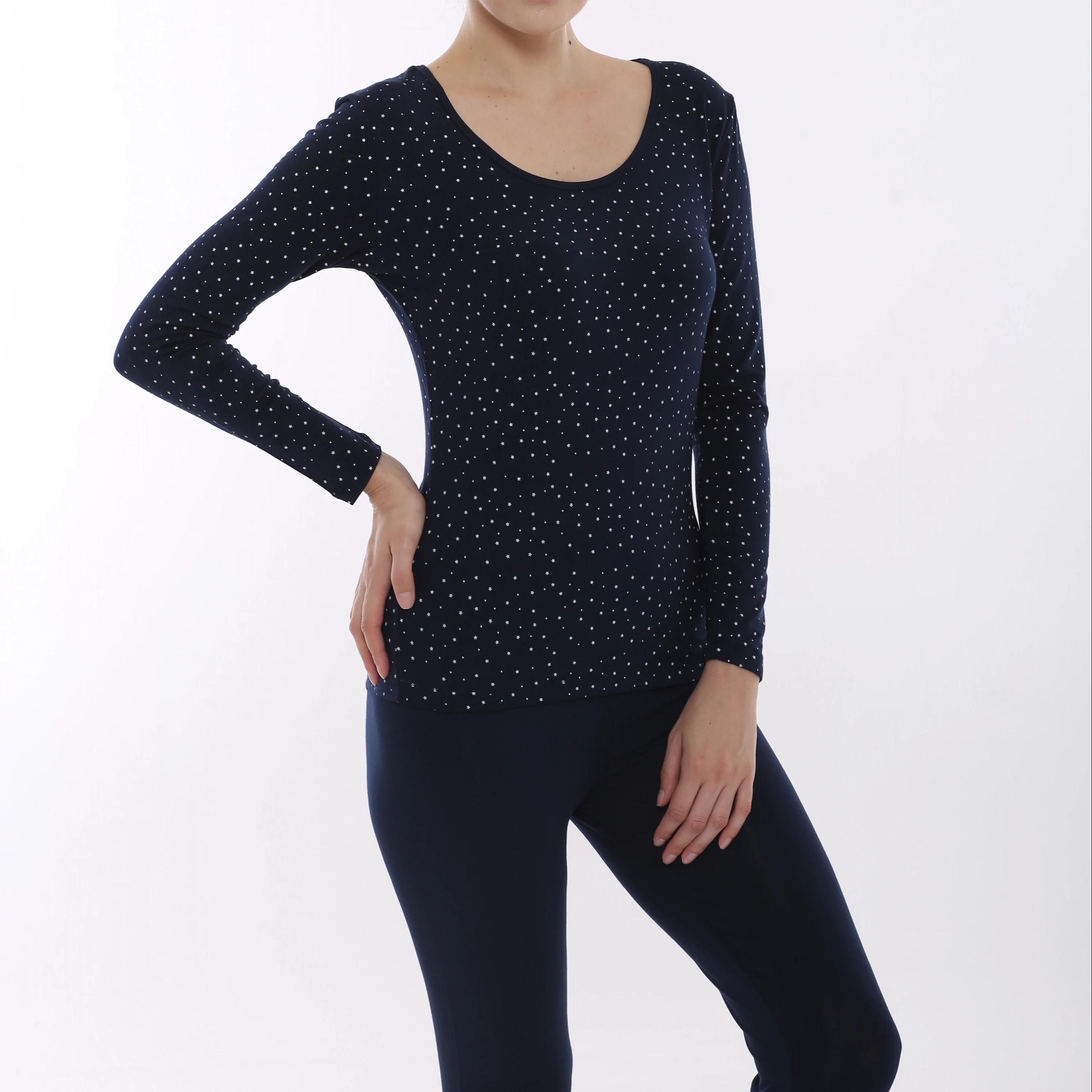Modal Thermal Printing Dots Long Sleeve Shirts Underwear Set Lingerie Set Women Navy
