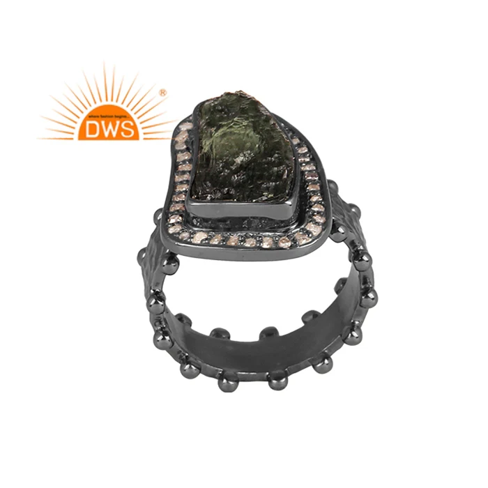 925 Sterling Silver Raw Moldavite Gemstone Ring For Christmas Jewelry Supplier For Women Gift For Her