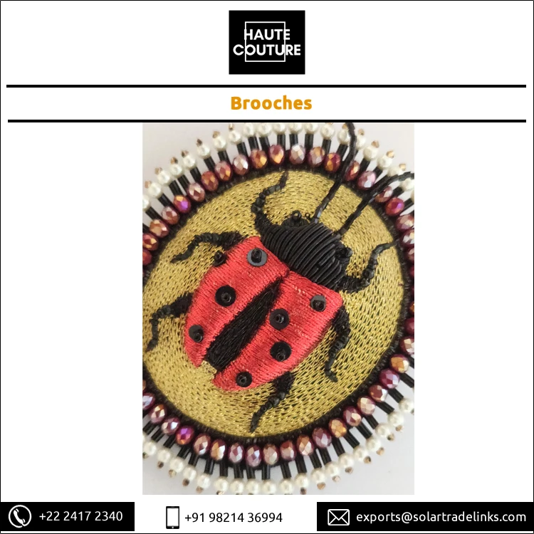 Genuine Quality Oval Shape Handmade Fashion Jewelry Thread Embroidered Red Lady Bug Beetle Brooch for Women from India