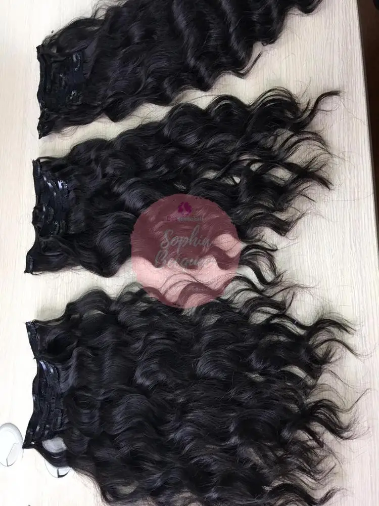 Clip-in hair extention Natural Wavy Double Drawn Natural Black color #1B No Shedding No Tangling Dyalbe best virgin hair