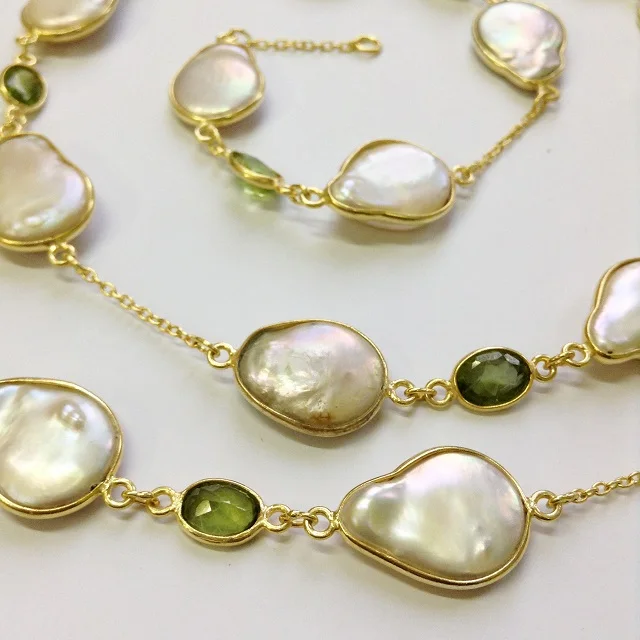 Everyday Wear 925 Sterling Silver Gold Plated Peridot and Baroque Pearl  90 cms.  Long Chain Necklace