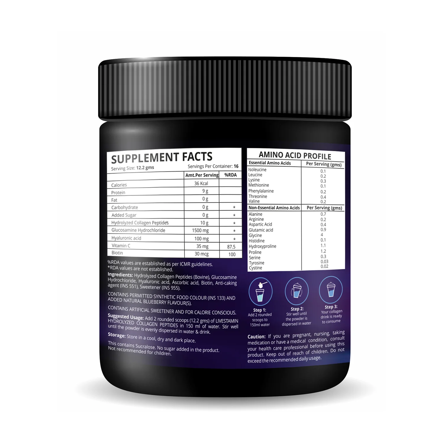 Hydrolyzed Collagen Peptides 200gms Blueberry Flavour with Glucosamine HCl For Vitamins Hair, Skin, Nails & Joint Supplement ISO