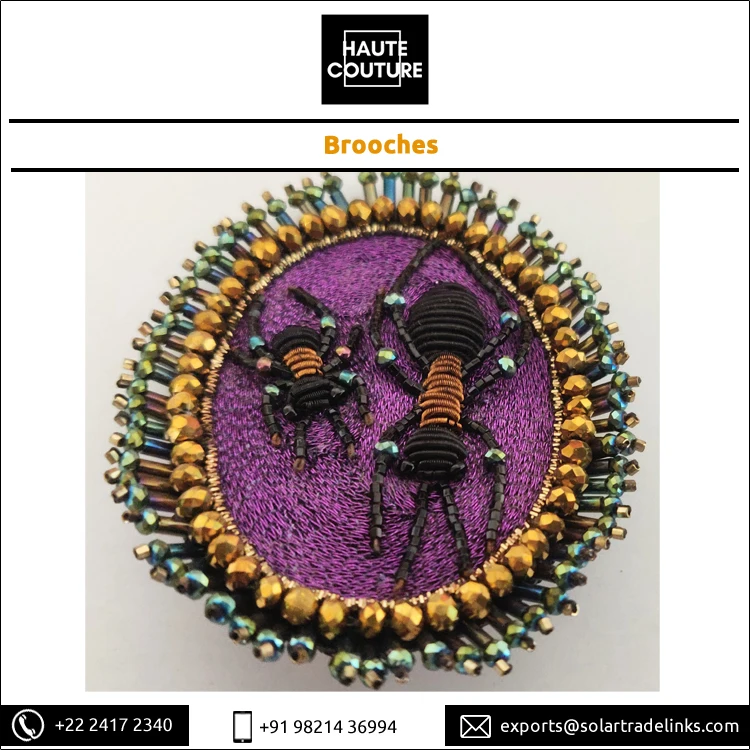 Manufacturer & Exporter of Handmade Metallic Bullion Thread Embroidered Miyuki Beads Made Ants Brooch