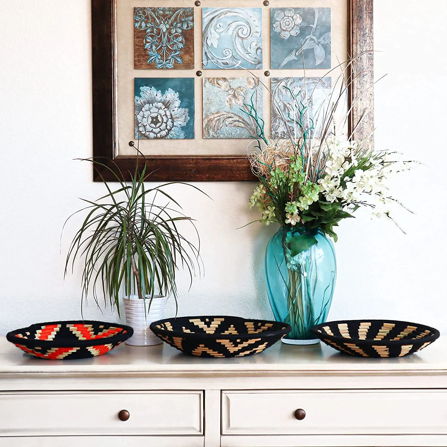 Large Boho Woven Wall Basket Decor Set of Four Handmade Wall Art made from Natural Seagrass Ready to Hang