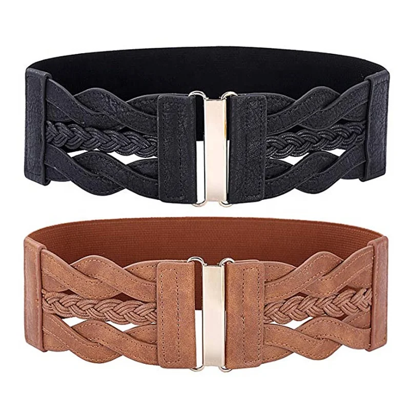 Multi Color Waspie Braided Leatherette Elastic Cinch Vintage Women Stretchy Retro Wide Waist Belt for Lady Girl Dress Skirt