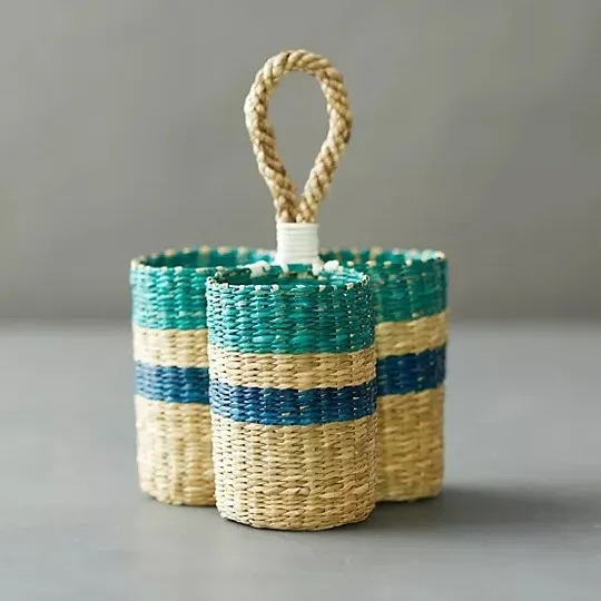 Seagrass utensil caddy rattan cutlery basket kitchen storage organizer holder