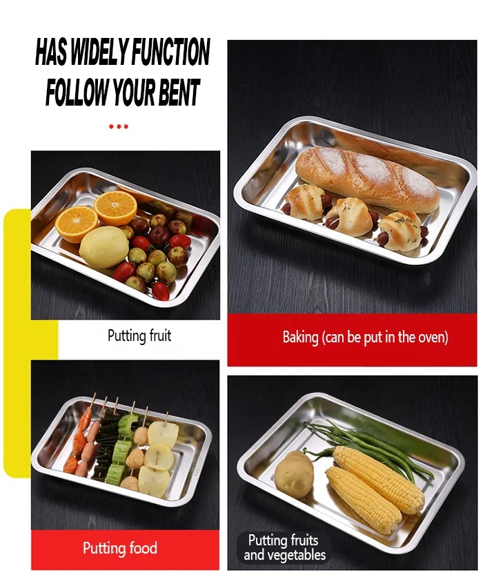 Factory Stainless Steel 304 Rectangular Shallow Plate Large Size Square Shape Plates Square Pizza Baking Pan Fish Serving Tray