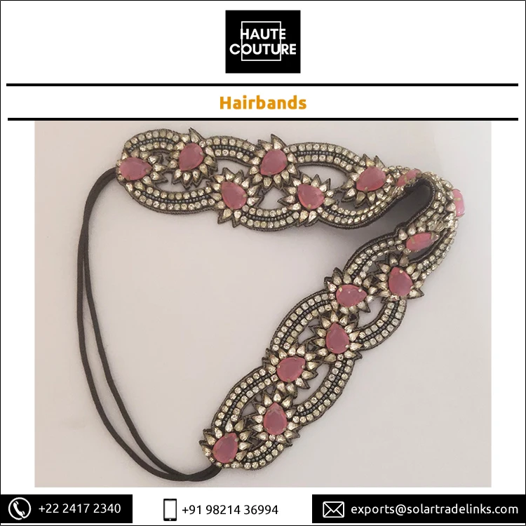Opal Pink Stones Made Festive Wear Hand Embroidered Hairband Scallop Design Fashion Hairbands for Girls at Bulk Price