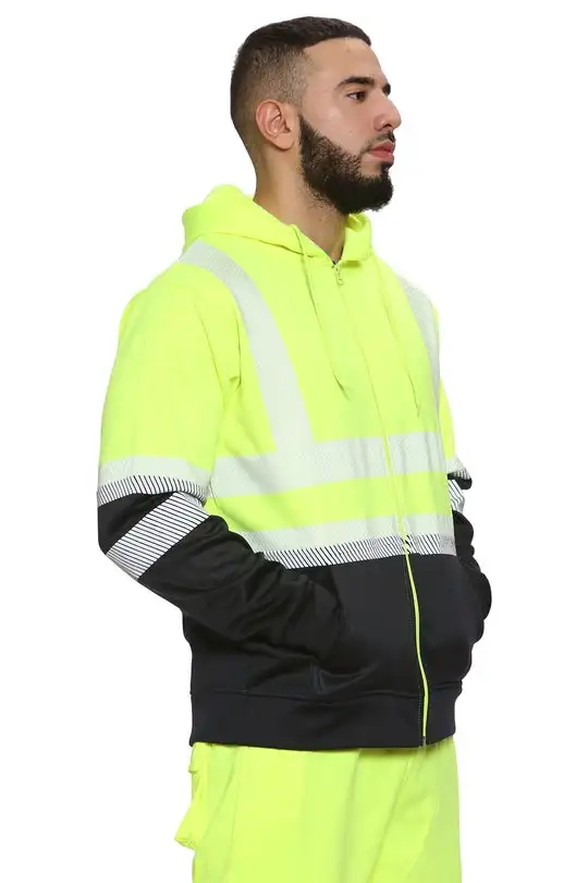 Reflective Hoodies Working High Vis Green/Navy Zipper Hoodie Adjustable Drawstring Around the Hood For Comfy Fit 100% Polyester