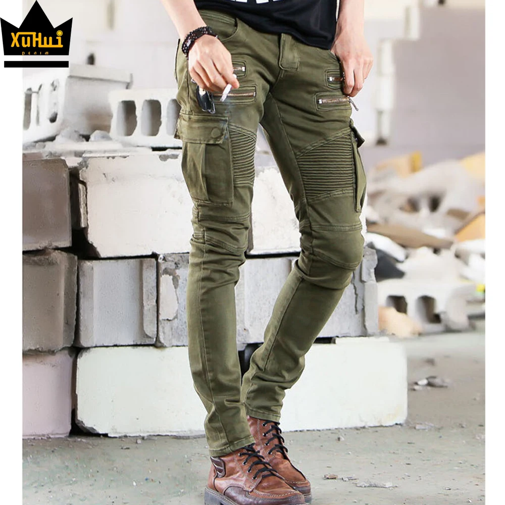 Male jeans trouser hip hop streetwear oem custom distressed skinny denim mens army green biker jeans men with zipper
