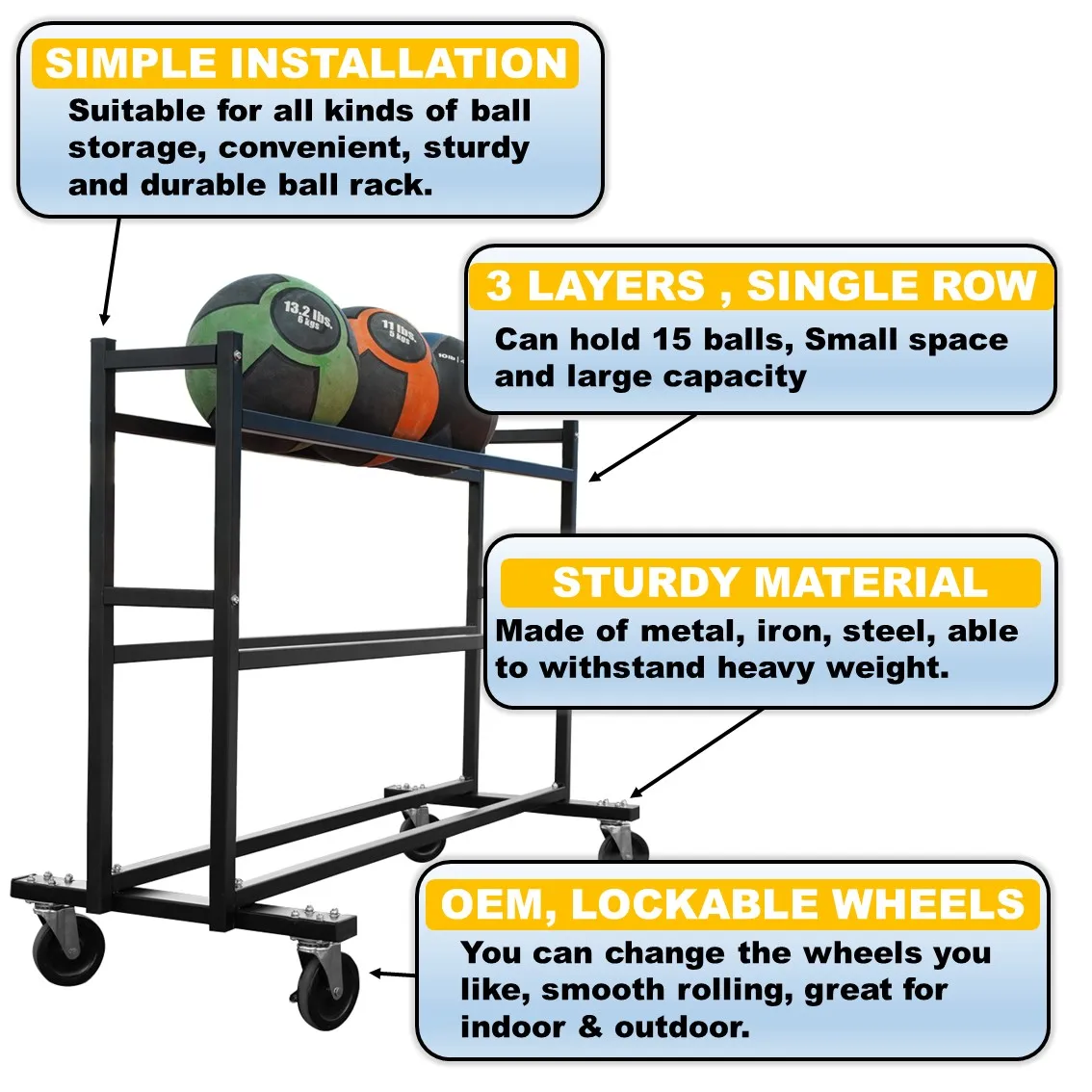 Ball arrangement basket storage cart heavy duty steel frame with wheels