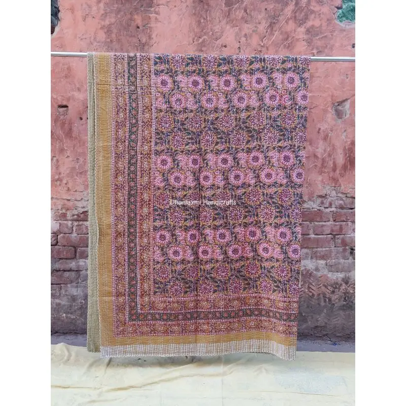Multi- Colour Indian Handmade Print Floral Cotton Kantha Quilt Beautiful Floral Wholesale Kantha Bedspread