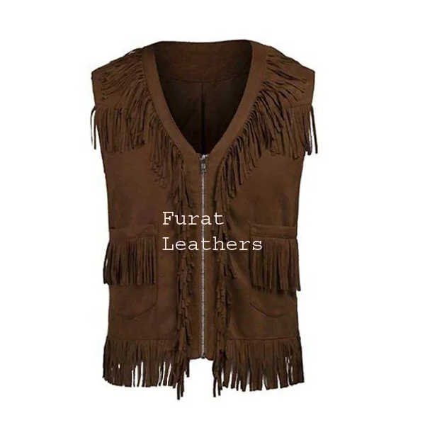 DARK BROWN FRINGES LEATHER VEST Biker Vests With Concealed Carry Gun Pocket Cruise Vintage