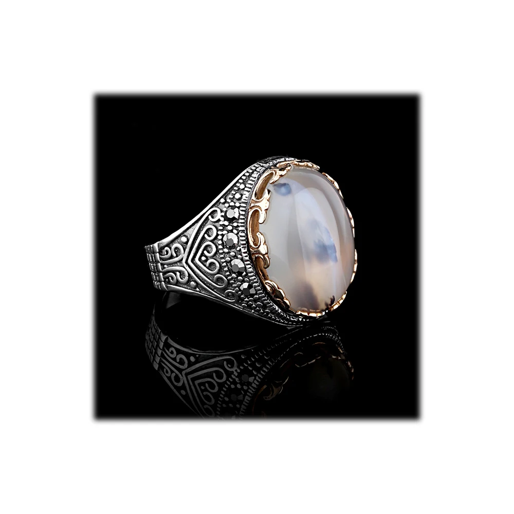 
High Quality 925 Sterling Silver Ottoman Sultan Ring with Agate Stone 