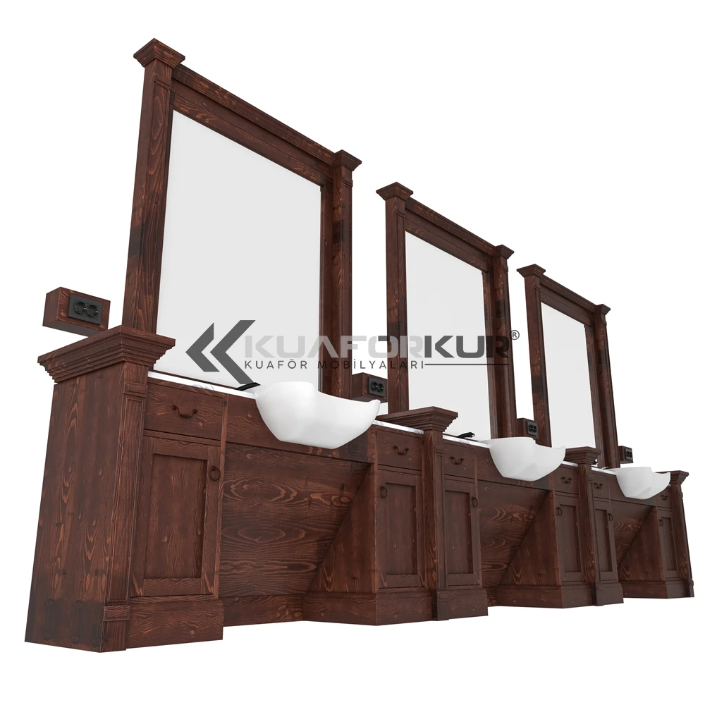 Wholesale Barbershop Salon Equipment Real Wood Barber Station New Design Salon Mirror Station Marble Surface