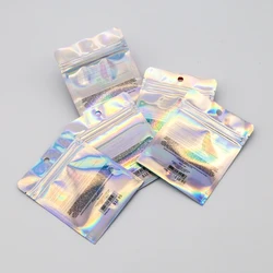 Упаковка для ювелирных изделий на заказ с логотипом, сумка для висячих сережек, пакет из полиэстера, голографический прозрачный стоячий мешок с передним дисплеем