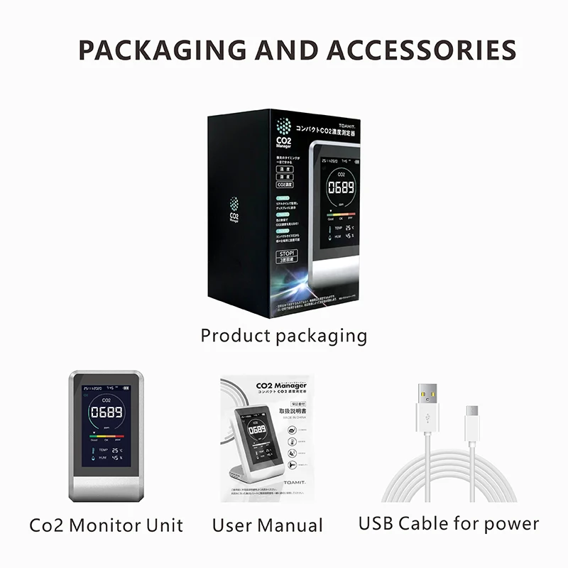 CO2 Monitor NDIR Temperature and Humidity and Air Quality Detector 2000mAh Rechargeable with Auto Alarm