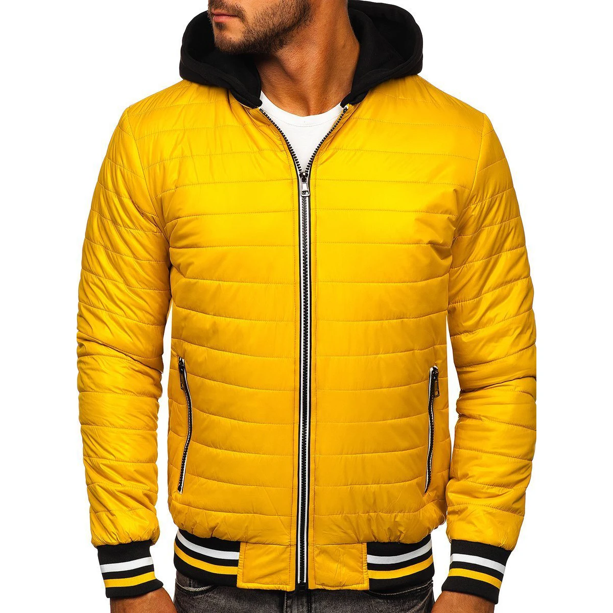 Мужская стеганая легкая куртка-бомбер с капюшоном желтая мужская куртка из натуральной кожи дышащая уличная зимняя