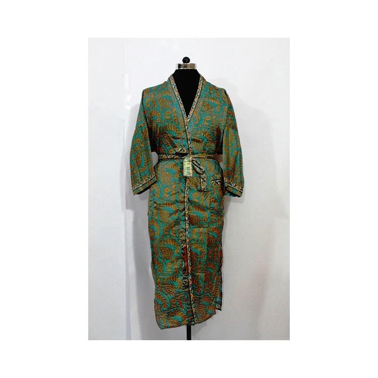 Stylish Silk Sari Handmade Night Wear any Occasion Casual 3/4 Sleeve Kimono with Bell Sleeve Belt Moroccan Kaftan