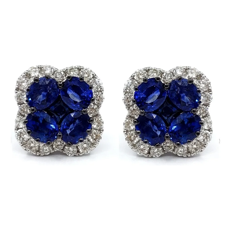 Blue Sapphire Natural Design 18K Solid White Gold Diamond Fine Jewelry Flower Shape Oval Color  Cluster Earring Stud  For Women