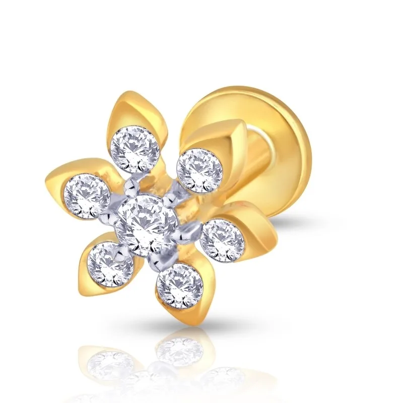 Sheetal Impex 0.20 Ctw VS Clarity FG Color Round Shape Real Natural Diamonds Studded 18 Kt Yellow Gold Diamond Nose Pin
