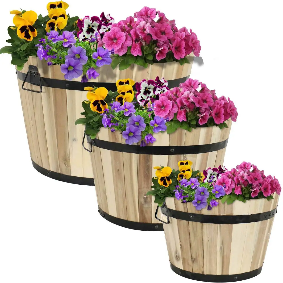 
Acacia Wooden Planter With Draining Hold Bucket Barrel Planter Two Black Iron Straps 