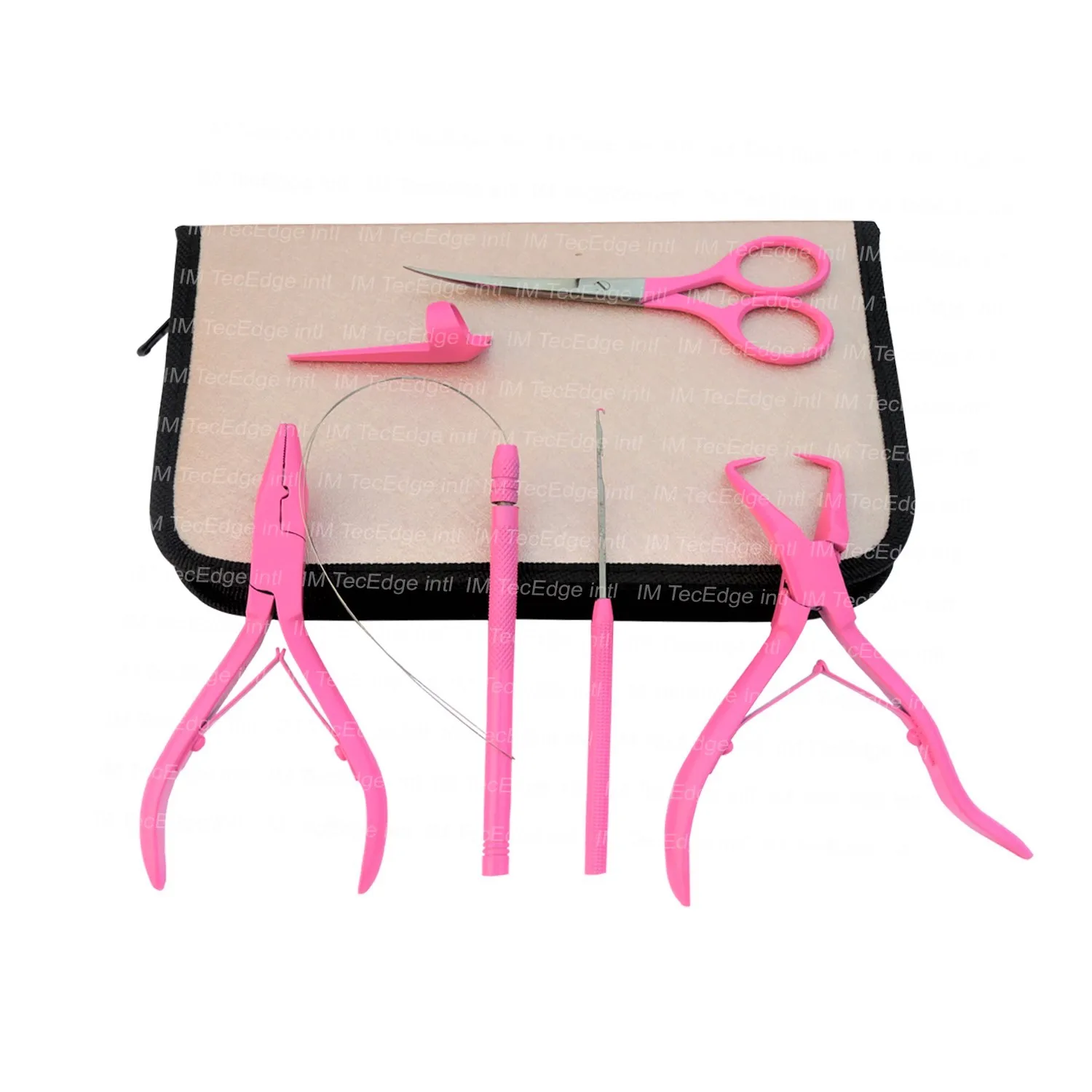 Professional Baby Pink Hair Extension Tools Kit with Hair Cutting Scissor Tape in Plier Surgical Grade Stainless Steel 10 Set