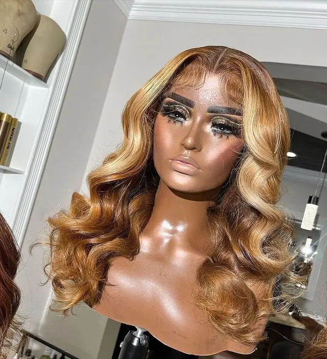 Highlighted ombre honey brown color highlighted human hair hd full lace wigs,613 blonde black highlight lace front wig