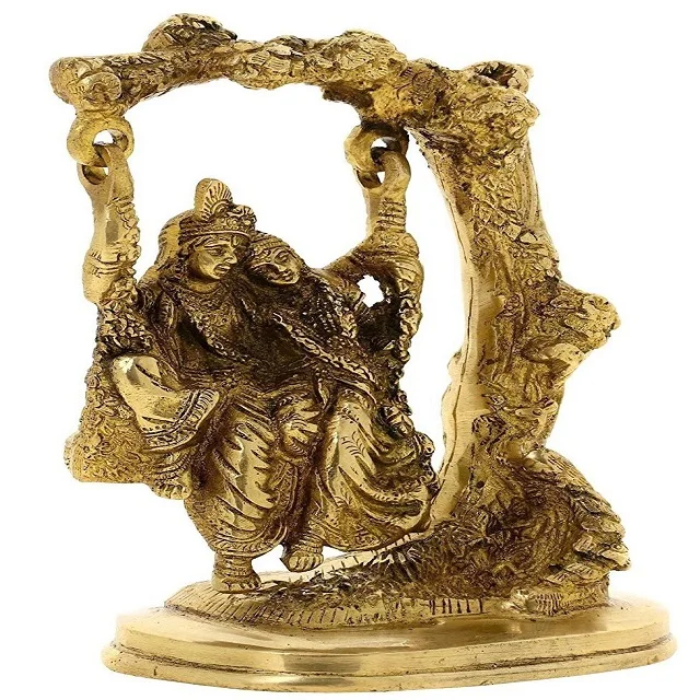 
Brass Gold Murti Radha Krishna Couple Idol Statue Swinging Jhula Under Tree for Home Decor Living Room Pooja Mandir Gift Item He 