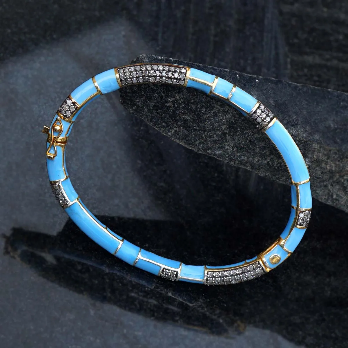 Pave Diamond Turquoise Color Enamel 14k Gold, 925 Oxidized Silver Openable Lock Bangle Bracelet Womens Jewelry Wholesale