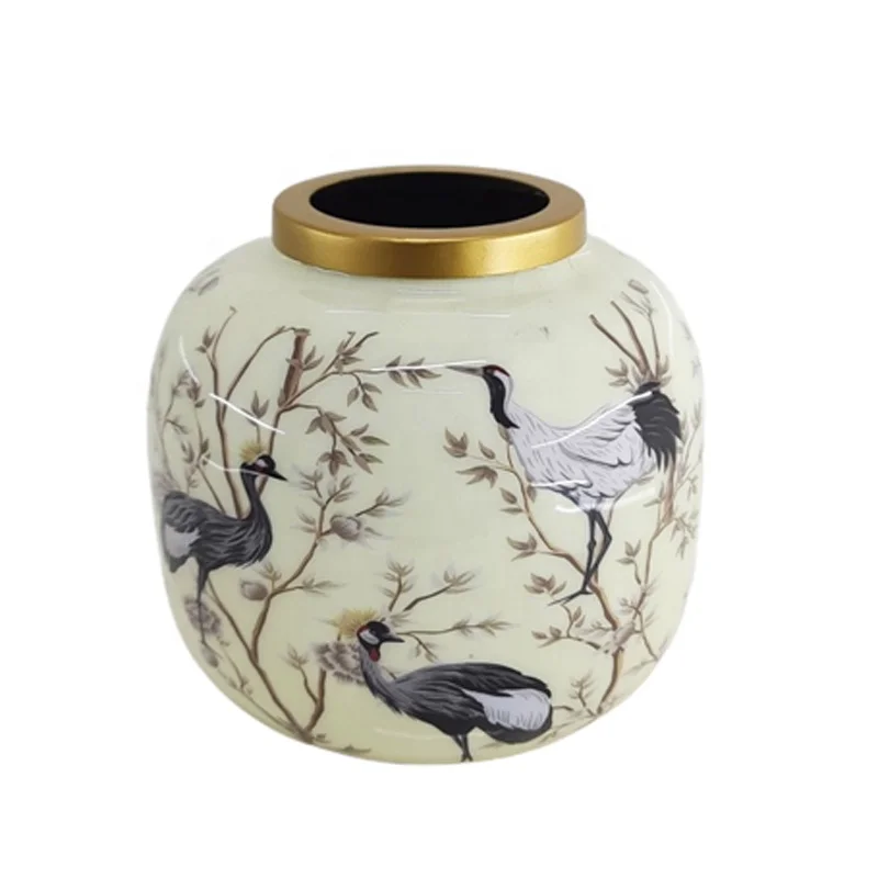 Wholesale Table Top Decoration Iron Flower Vase Bird Sticker Enamil And Gold Colour Large Size Flower Pot For Home Decor