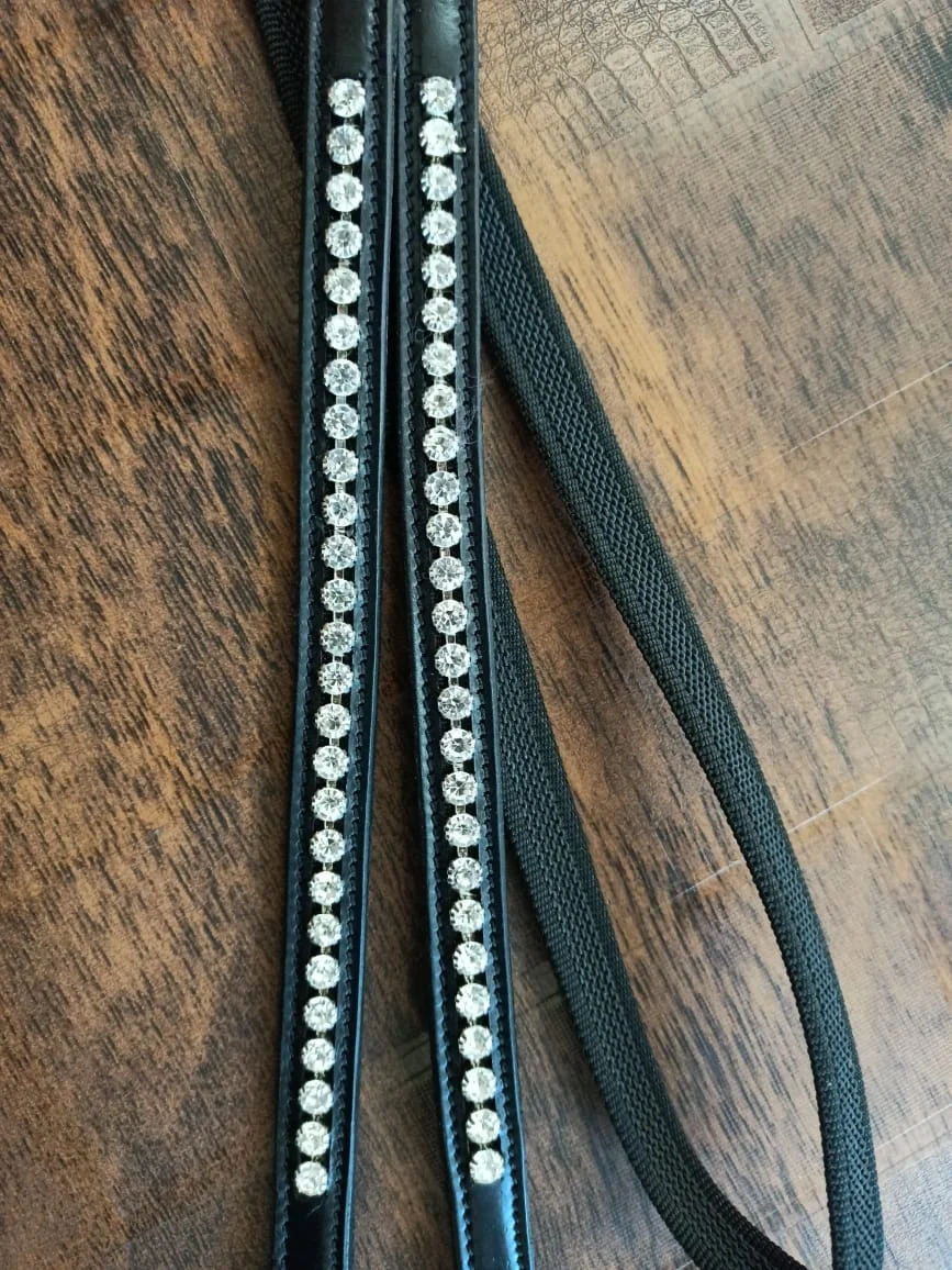 Black Leather Reins White Crystal Brass buckle  Horse Equipment Equestrian Rub International
