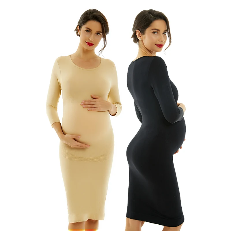 One Drop Shipping Long Sleeves Full Slip Maternity Dresses Women Pregnancy Loungewear Seamless Maternity Photo Shoot Dress