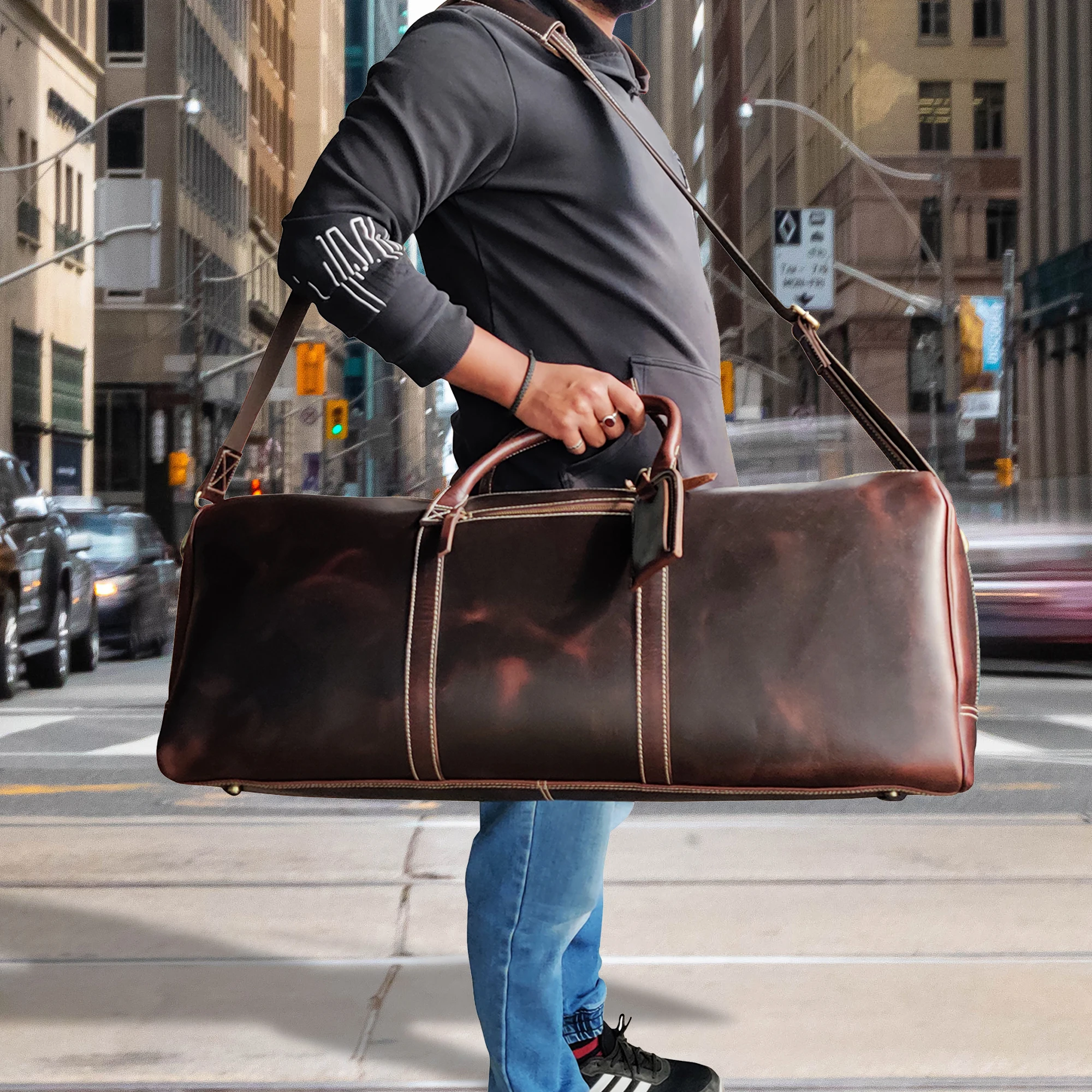 Drop Shipping Customize Overnight Waterproof Extra Large-capacity Dark Brown Top Grain Leather Luggage Travel Duffle Bag Men