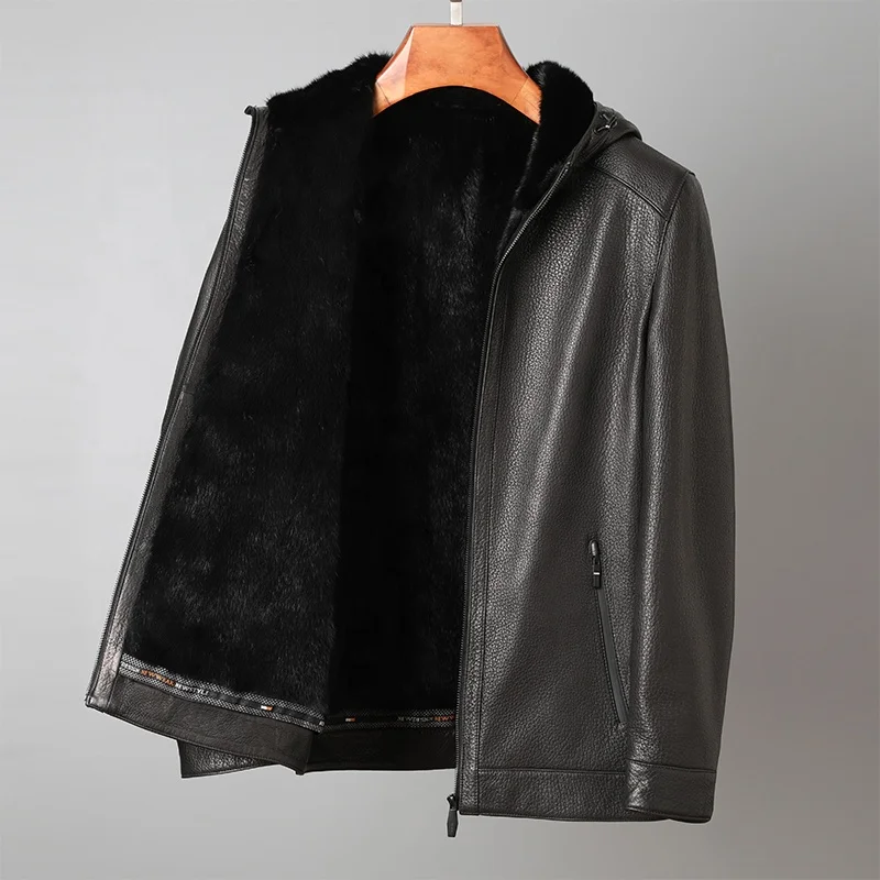 Мужская куртка из натуральной кожи пальто козьей шкуры и меха норки длинная Меховая с капюшоном теплые зимние черная кожаная